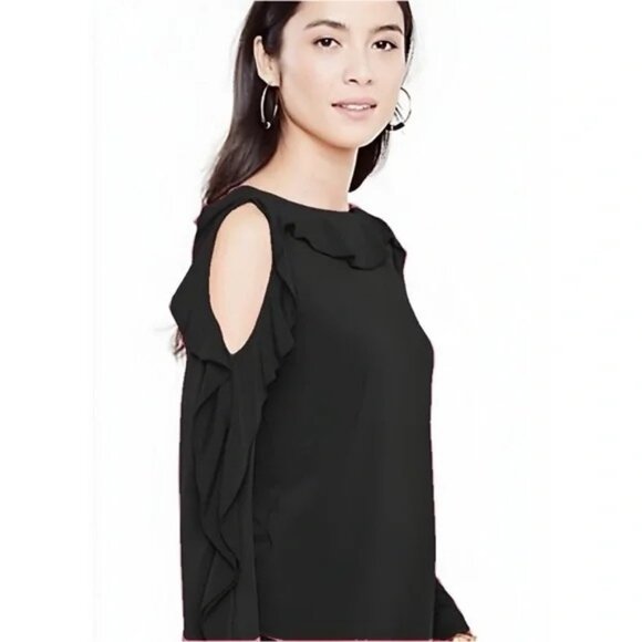 ANN TAYLOR Black Cold Shoulder Boatneck Ruffle Long-Sleeve Blouse Medium - Picture 3 of 7